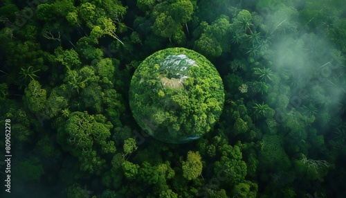 Forest canopy next to a planetary globe, representing a thriving rainforest ecosystem