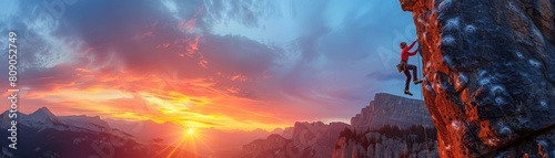 A rock climber scales a sheer cliff face while the setting sun paints the sky with vibrant hues.