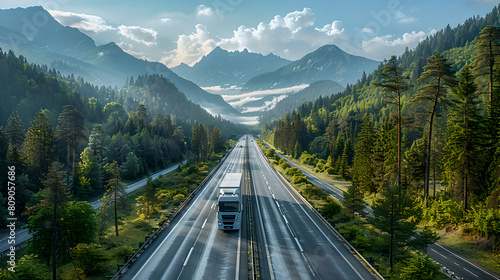 Majestic mountainous highway with lush green scenery, Generative AI