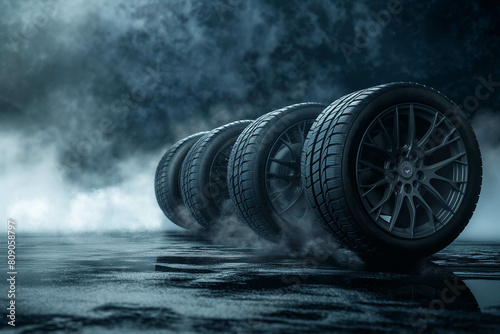 a close up of a row of tires on a wet surface