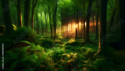 Morning sunlight streams through a dense forest of ferns, illuminating the vibrant green underbrush and creating a mystical atmosphere.