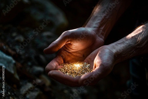 Close up image of the hands of a gold miner showing raw gold with various sizes