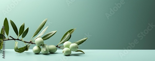 Stylish olive branch placed vertically, offering a dynamic contrast to a soft pastel mint background