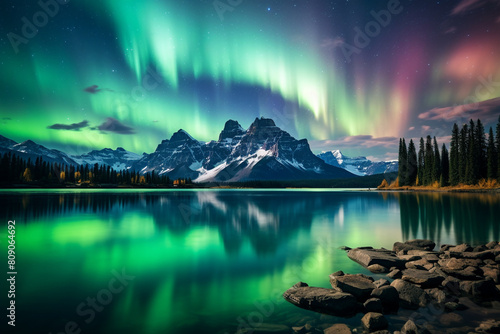 aurora borealis over mountains and lake
