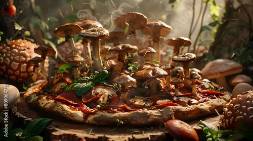 Mushroom-Loaded Pizza Feast in Fanciful Woodland Setting