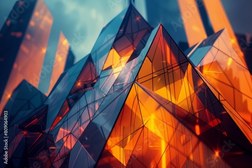 digital building of glowing 3d triangular polygons