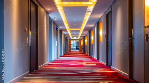 Modern hotel corridor with vibrant carpet and illuminated ceiling, concept of travel, business trips, and accommodations