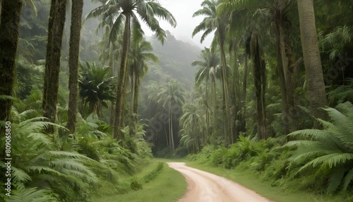A jungle road bordered by towering palms and lush upscaled 11