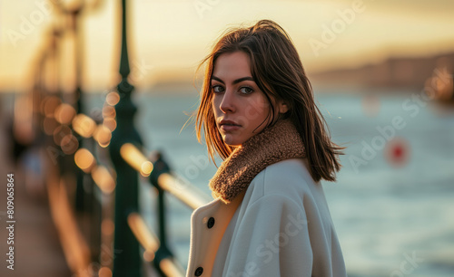 A captivating young brunette woman in a white coat strolls along the seaside promenade, drawing everyone's gaze.