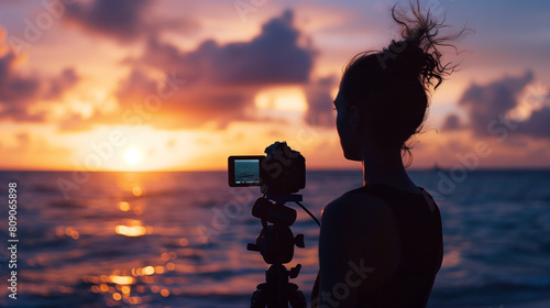 Silhouette of a photographer capturing a breathtaking sunset over the ocean, symbolizing creative pursuits and travel adventures during the summer holidays