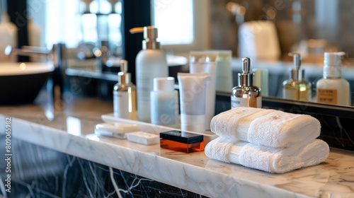 Elegant marble bathroom countertop with luxury toiletries and white towels, ideal for spa retreats and Mother's Day promotions