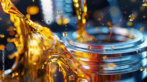 Lubricant Dance, A close-up view of an oil filter with vibrant oil splashes, capturing the interplay between engine components and essential lubricants