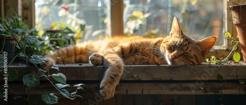 A relaxed cat naps on a sunlit windowsill surrounded by green plants, capturing a serene and cozy moment. 