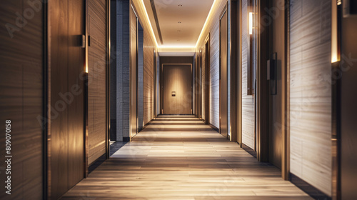 Modern hotel corridor with ambient lighting and wooden finishes, suitable for business travel or accommodation themes