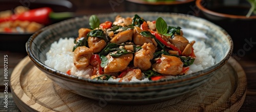 Flavorful Pad Kra Pao A Tempting Thai Stir Fried Basil Chicken Dish Plated on a Wooden Table