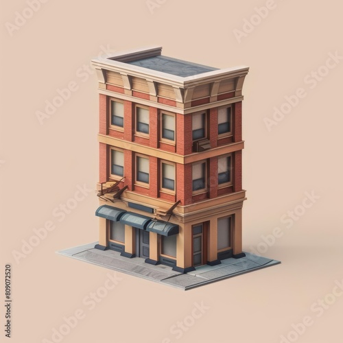 A small isometric building, representing architectural styles from around the world, model isolated on solid color background
