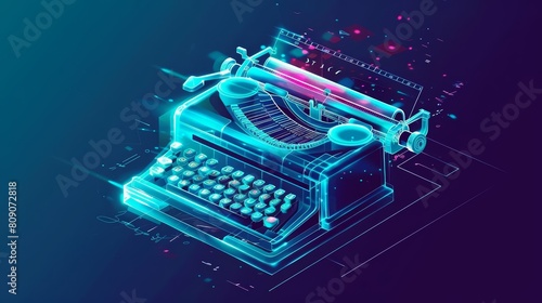 Amazing of a content writer with Glow HUD big Icon of a typewriter, typing a novel at a rapid pace, isolated on Solid Background in Classic styles