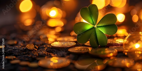 Fourleaf clover surrounded by gold coins and glowing light bulbs symbolizing luck and prosperity. Concept Luck, Prosperity, Fourleaf Clover, Gold Coins, Light Bulbs
