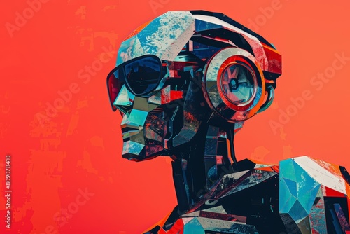 Trendy art paper collage design of a futuristic robot, depicted in cyber color for a cuttingedge synthwave color illustration