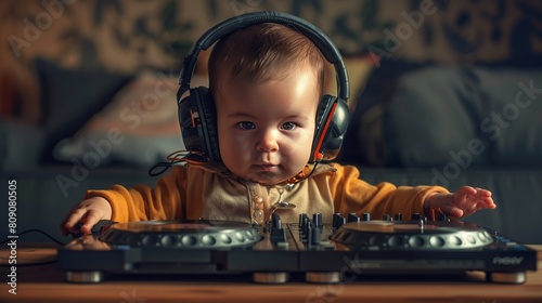 Baby seated behind a miniature DJ setup, wearing oversized headphones and pretending to mix music on a turntable