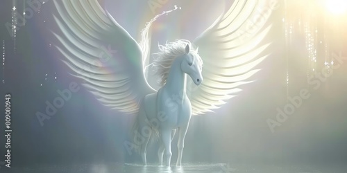 White horse with wings Pegasus unicorn standing in water