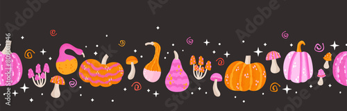 Pink and orange magic halloween seamless pattern with pumpkins, mushrooms and stars. Vector illustration
