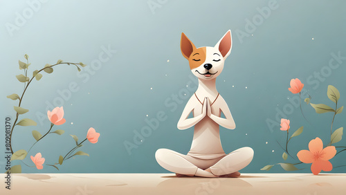 Cartoonist illustration, a dog demonstrating a serene yoga pose against a soothing blue-green background. Best for yoga, yoga pose, yoga day contents.