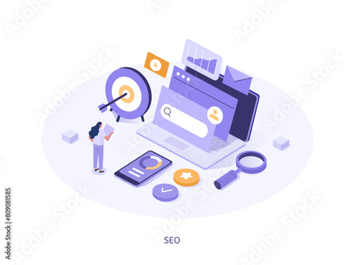 Seo optimization. Characters analyzing search engine data and planning marketing strategy. Technology concept. Isometric vector illustration.