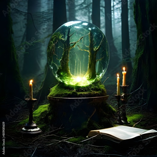 burning candle, a symbol of the moon, a crystal ball lying on a stump in the forest that is covered with moss on a dark natural background. pagan Wiccan, Slavic traditions. 