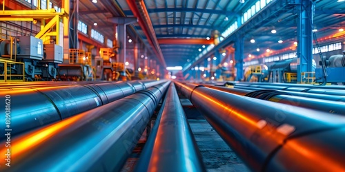 Manufacturing facility with steel pipes for petrochemical processing and gas transport. Concept Petrochemical Processing, Gas Transport, Steel Pipes, Manufacturing Facility, Industrial Equipment