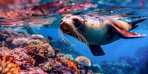 Galapagos fur seal swimming in tropical waters observed during scuba diving. Concept Galapagos Fur Seal, Scuba Diving, Tropical Waters, Marine Wildlife, Underwater Observations