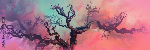 Anthropomorphic trees with gnarled and twisted branches reach towards a vibrant, ethereal sky in this surreal digital Inspired by the subconscious and fantasy, the image uses vibrant, unnatural
