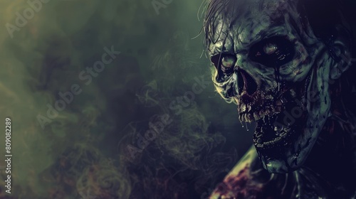 A chilling 3D image of a horrific undead creature emerging from the shadows, exuding a sense of danger and fear. The detailed textures and copy space make this the perfect wallpaper for a haunting