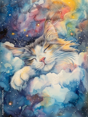 A cute and cuddly Norwegian Forest cat is seen taking a peaceful nap, surrounded by a dreamy watercolor sky filled with fluffy clouds and sparkling stars. This whimsical and calming scene is perfect