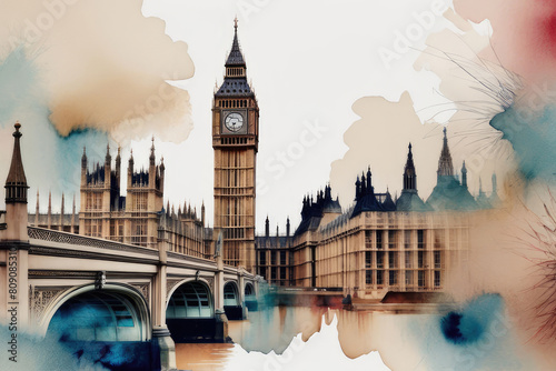 Big Ben and houses of parliament city clipart in watercolor style, cityscape wall art.