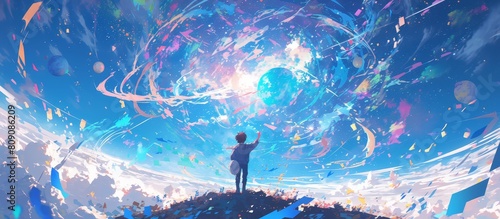 A young boy with brown hair stands on the edge of space, reaching out to touch planets and stars in an endless expanse of sky blue and rainbow colors. 