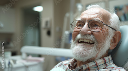 The elderly man is sitting in a dental chair and smiling happily.