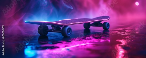 Neon-lit skateboard on a wet surface at night