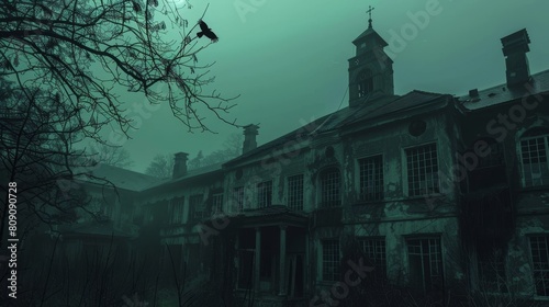 This spooky Halloween wallpaper showcases an abandoned asylum in the distance, with broken windows and peeling paint. The eerie green lighting emanating from within adds an unsettling and foreboding