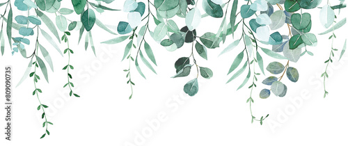 Seamless border, frame of eucalyptus leaves and branches. watercolor drawing green leaves. Ideal for creating invitations, greeting and wedding cards