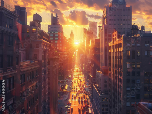 Envision a hyper-realistic sunset descending over a bustling cityscape. Capture the dramatic interplay of light and shadow, reflecting off skyscrapers and busy streets