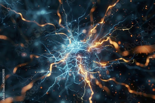 A close-up view of neural implants with intricate wiring and circuits, threatened by an encroaching storm manifested through dangerous tendrils of lightning and thunder.