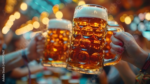 People toast with large beer steins, surrounded by warm bokeh lights in a festive setting, celebrating together in high spirits.