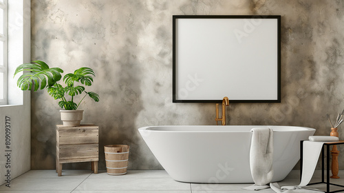 Banheira moderna com um quadro em branco 