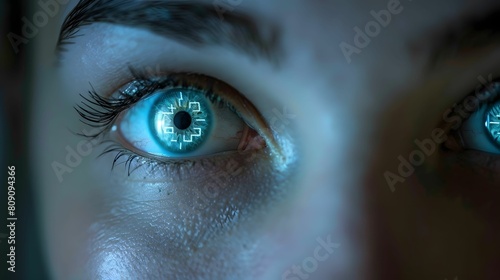 Intricate details of the iris and surrounding features are unveiled in an extreme close-up of a human eye, illuminated by futuristic blue lighting.
