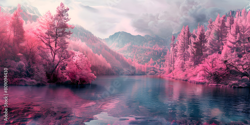 Aesthetic Nature Wallpaper HD . Mountain lake with pink larch trees