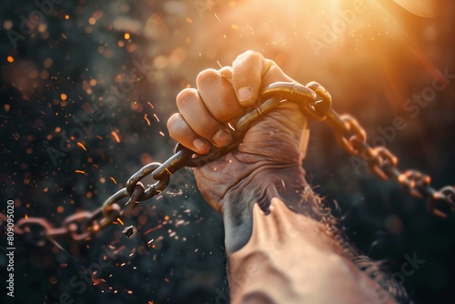 A close-up of a hand firmly gripping a chain, sparks flying around, illustrating struggle and resistance