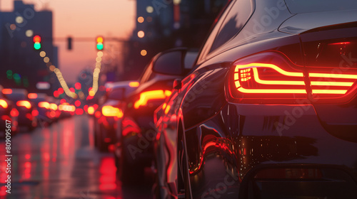 A long line of cars in traffic, driving towards the sunset, with the focus on one car's tail lights and its headlights shining brightly.