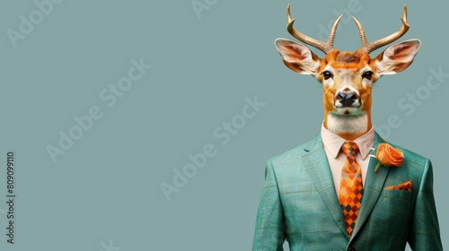  A man in a green suit, donned with a deer's head as a headdress, held a rose by his lapel