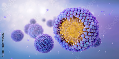 Soap molecules surrounding and capturing oily particle forming micelles. The hydrophobic tail is attracted to grease and oily substances and the hydrophilic head is attracted to water. 3d illustration